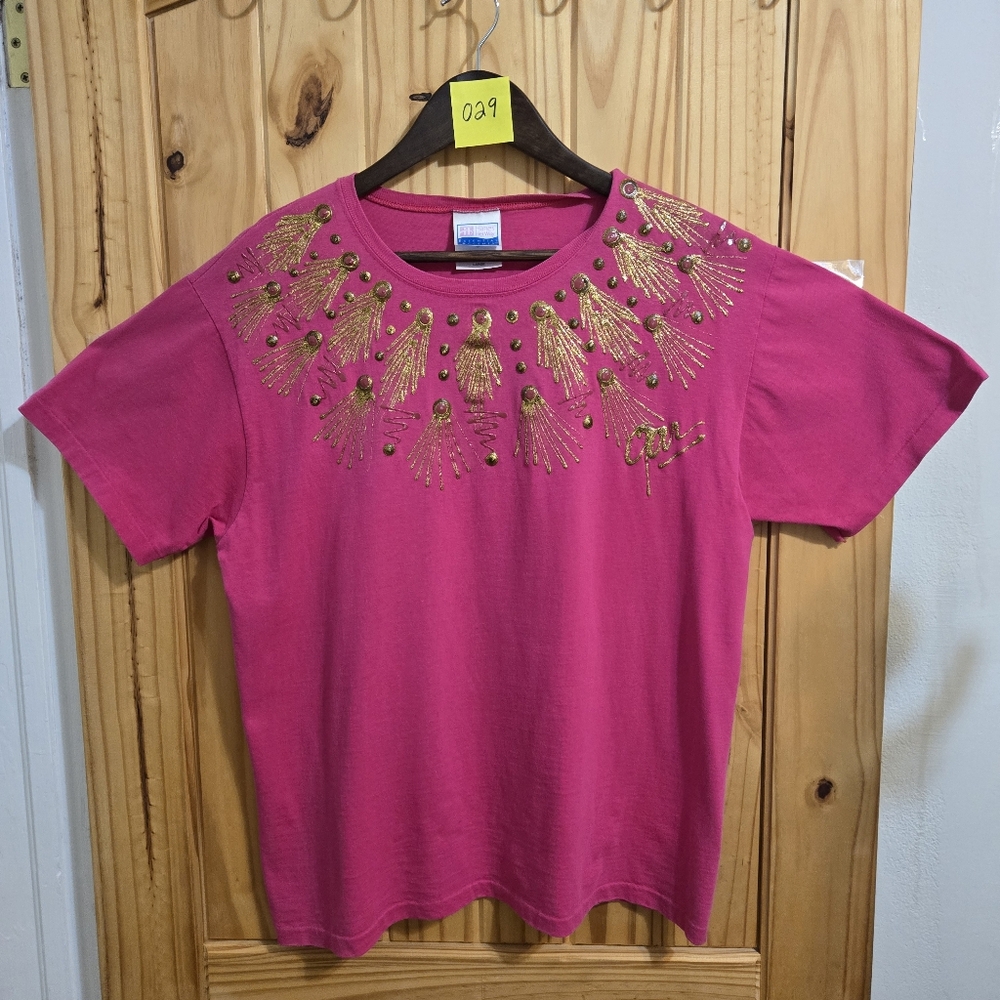 Vintage Puff Paint‎ Hanes  T Shirt 80s Handmade Pink Size Large Rare